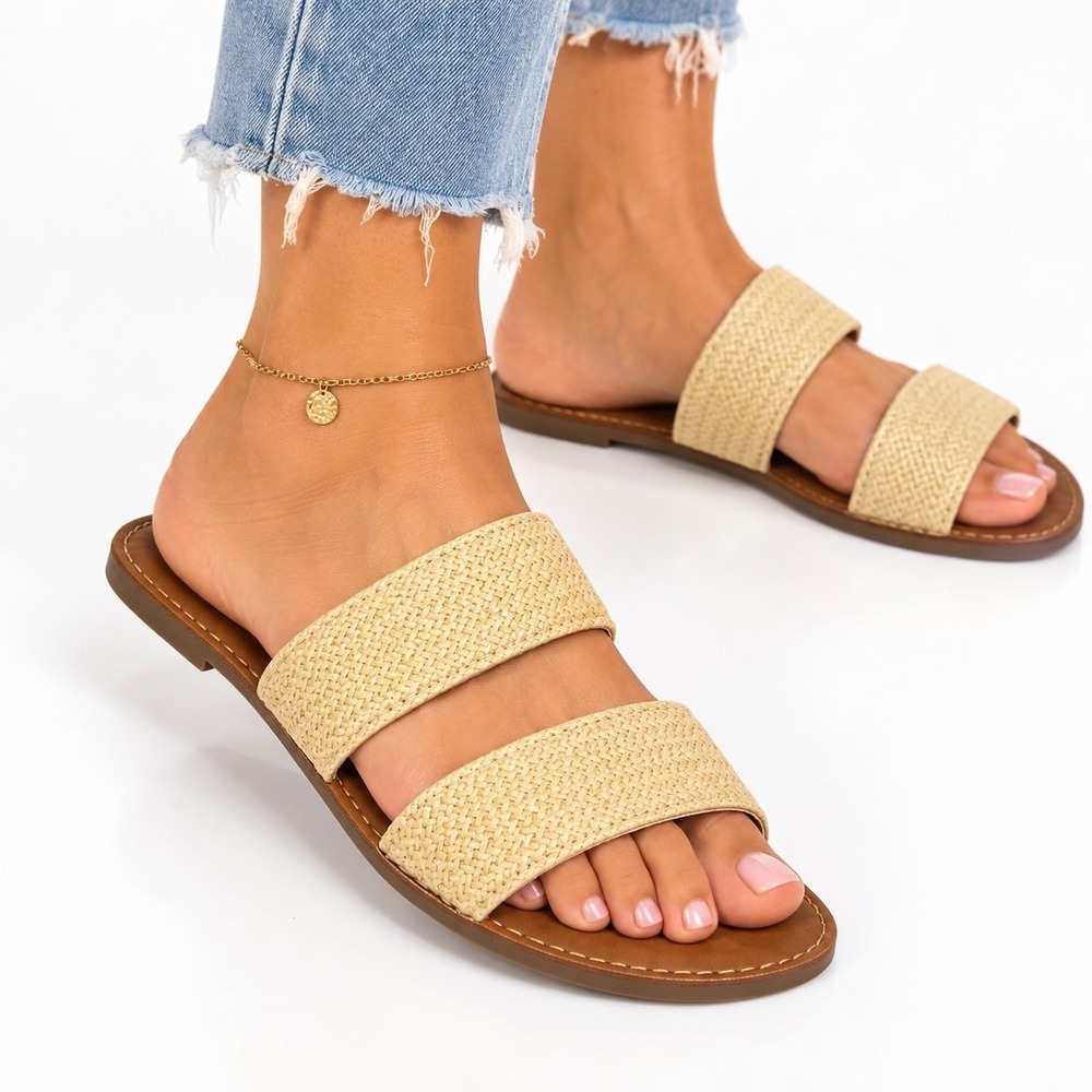 Lulus Womens 7 Beige Woven Double Strap Slide Sandals Boho Summer Flat Slip On